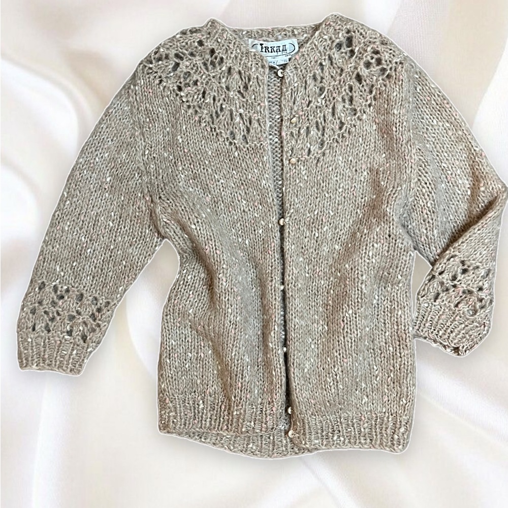 Vintage Light Brown Cardigan with Pink Accents